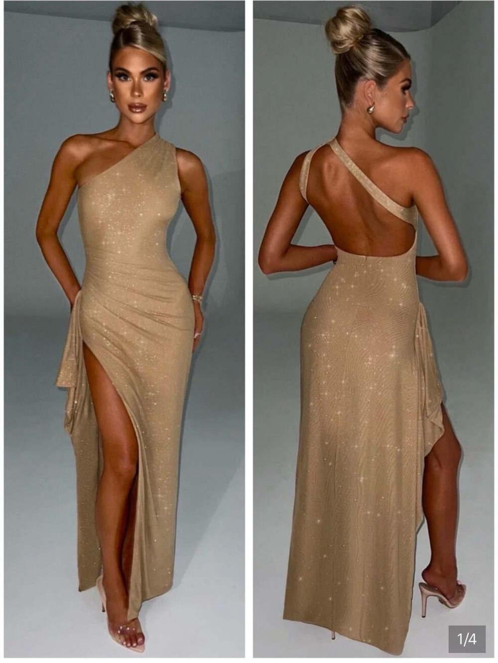 One-Shoulder Champagne Maxi Dress with High Slit
